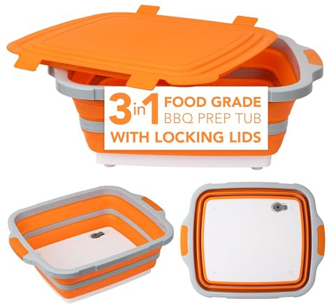 EJKJ Collapsible Cutting Board & Grill Caddy with Lid – Multifunctional Silicone Dish Tub & Food Prep Station for BBQ, Camping, Tailgates, Picnics & Veggie Washing