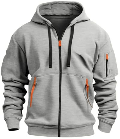 Aulemen Hoodie herr med dragkedja långärmad sweatjacka herr flera fickor smal passform dragkedja huvtröja för vardag och sport, LJUSGRÅ, 3XL