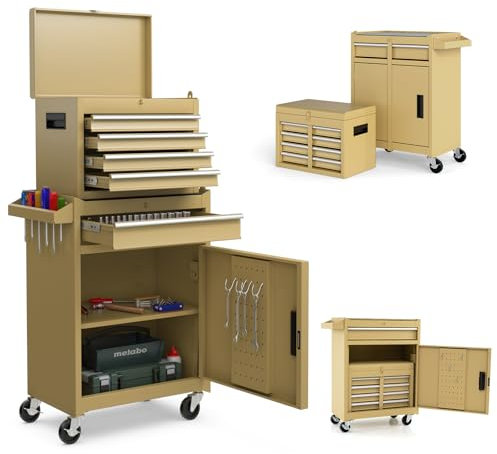 SOARS Carrello Porta Attrezzi con Ruote, 5 Scomparti, 2 Ripiani, Porta Attrezzi da Lavoro Rimovibile & Carrello Inferiore, Bloccabile, 59 X 28 X 102 CM, per Garage, Officina, Casa (Giallo)