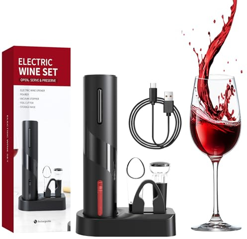 Bizcasa Sacacorchos eléctrico 6 en 1, Abridor de Botellas Recargable con Cortacapsulas Botella, Vertedor de Vino,Tapón de Vino de Vacío (Sacacorchos recargable 6 en 1 con soporte - Negro)