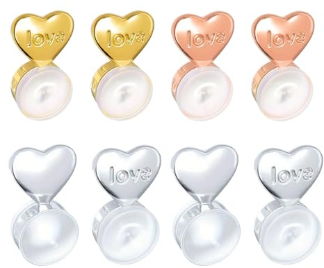 8 Piezas Tuercas Cierres Elevadores De Pendientes, Tuercas Pendientes Forma Del Corazón, Cierres Para Pendientes, Reemplazo De Hebillas De Pendientes (Oro, Blanco, Oro Rosa, Plata)