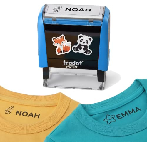Textilstempel Kinder waschmaschinenfest - Namensstempel Trodat - Blau | Trodat Printy Textilstempel, 38x14mm, Gehäuse Blau, waschmaschinenfest, für Kleidung und Textilien