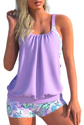Modlily Cut Out Tankini Swimsuits for Women, Two Piece Bathing Suits, Fake 2 in 1 Blouson Top with Boyshorts Light Purple
