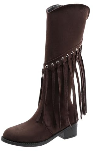 Generisch 2026 Botas altas por la rodilla para mujer, elegantes botas con flecos de suela suave, botas altas para invierno, trajes casuales perfectos, diseño cómodo de tacón bajo, marrón, 41 EU