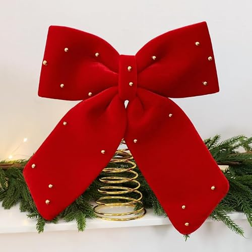 Christmas Tree Topper, 12 Inch Burgundy Red Velvet Bow Christmas Tree Topper with Small Pearls, Velvet Ribbon Bow Pre-Tied for Christmas Tree Decorations (red)