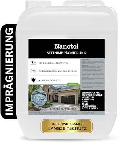 Nanotol Steinimprägnierung | 5L für 50-90m² | gegen Grünbelag & Moos | Starker Lotuseffekt | Unsichtbarer Langzeitschutz (7+ Jahre) | Beton, Ziegel, Pflasterstein & Naturstein | für innen & außen