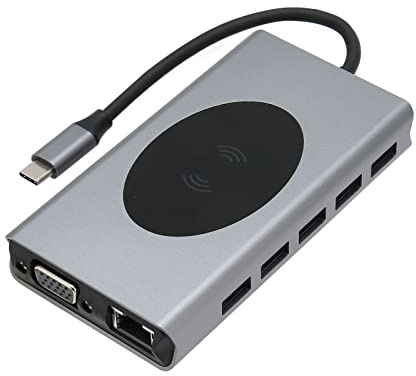 BONKZEBU Estación de Acoplamiento de Concentrador USB Multipuerto Adaptador de Concentrador Tipo C 13 en 1 con 5 Puertos USB 3.0 y Carga Inalámbrica para Usuarios de OS X y, Diseño Compacto (Gris)