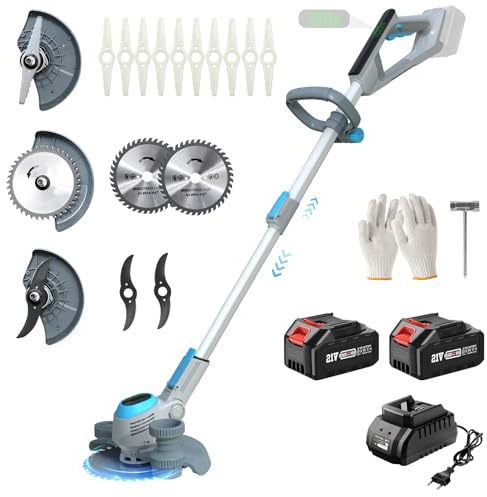 Rasentrimmer mit Akku und Ladegerät, Akku Rasentrimmer für Makita Akkus mit 3 Klingentypen und 2X3.0Ah Batterien, 21V Freischneider Akku, 90° Drehung für Rasen, Garten