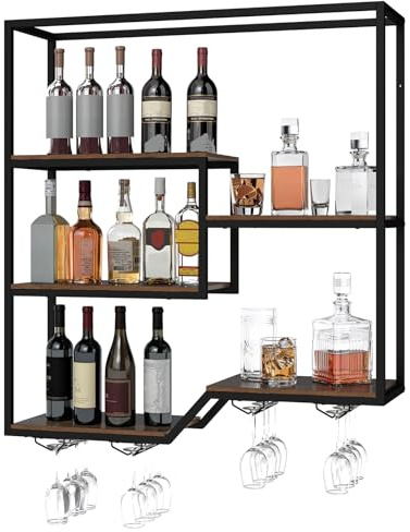 COSTWAY Wall Mounted Wine Rack, 5-Tier Hanging Bar Shelves with 4 Wine Glass Holders, Metal Frame Liquor Bottle Display Storage Shelf for Home Bar, Dining Room & Restaurant