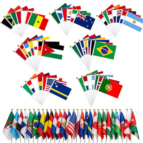 shallyong 48 Pays Drapeaux de Coupe du Monde de Football 2026, 14 x 21 cm Drapeaux WM de Football 2026 avec Mât, Drapeaux du Monde en Tissu pour Décor Compétition Football Fans Bar Fêtes