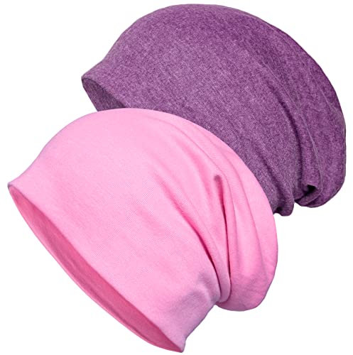 2 Stück weiche Baumwoll-Mütze, Stretch-Mütze, Chemo-Hüte für Damen und Herren, Dunkelviolett, Rosa, L