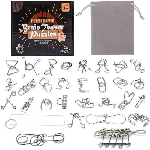 Holzsammlung 30 Stück Knobelspiele Metall, Metallpuzzle Metallknobellei Set IQ Spiele Geduldspiel Geschicklichkeitsspiel, Metal Puzzle Denkspiele Spielzeug Mini Geschenk für Erwachsene und Kinder