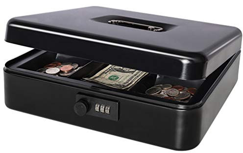 Decaller Extra Large Cash Box with Combination Lock, Metal Money Box with Removable Tray, 11.80 x 9.45 x 3.54, Black