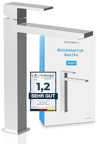 Bächlein Badarmatur Imatra hoch [kantig] – extra hohe Armatur mit 215mm Auslaufhöhe für Aufsatzwaschbecken, Waschtischarmatur hoher Auslauf - Bad Wasserhahn Chrom