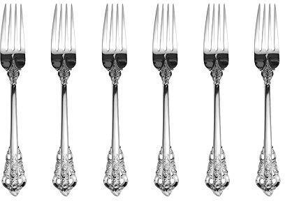 Juego de cubertería de plata barroca, aspecto antiguo, de acero inoxidable 18/10 pulido espejo, ideal para casa, cocina, restaurante, boda, fiesta, té de la tarde, tenedores de mesa de 6 piezas,