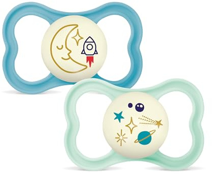 MAM Chupete con Escudo Ventilado que Brilla en la Oscuridad, a Partir de 16 Meses, con Tetina Simétrica, Plana y Flexible de Fácil Aceptación, con Caja Autoesterilizadora, MAM Air, Azul Mate, 2uds