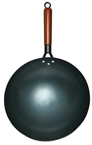AIZYR Cottura del Pow Wok in Acciaio al Carbonio con Manico in bambù, Padella Wok Tradizionale Martellata A Mano Wok Cinese per Stufe A Gas,32cm