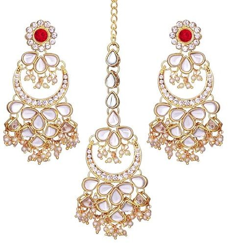 Aheli Women's Kundan Pearl Chandbali Earrings with Maang Tikka Jewelry Set