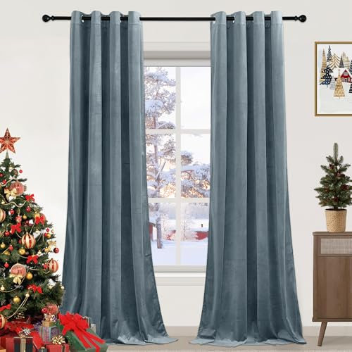 PONY DANCE Blue Ash Velvet Curtains - 1 Pair of Luxury Curtains & Drapes Elegant Home Decor Thermal Blackout Curtains for Nursery Room/Girls Bedroom, Eyelet Blackout Curtains 52x90