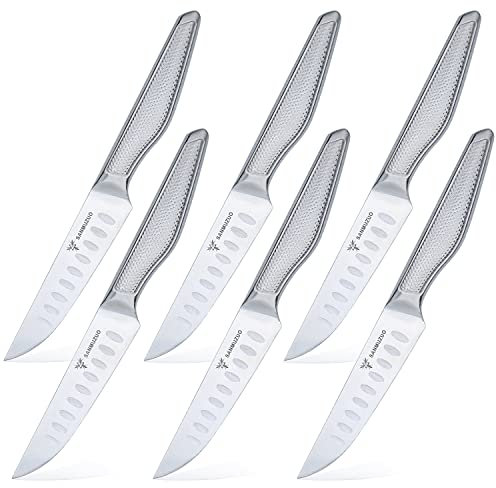 SANMUZUO Cuchillo de Carne de 6 Piezas, Cuchillos de Mesa, Juego de Cuchillos de Cocina, Cuchillos de Bistec con Acero Alemán de alto Carbono, Mango Ergonómico, Serie Zhen