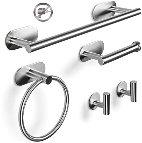 Virklyee Barres Porte-Serviettes Ensemble 5 Pièces Barre de Serviettes de Bains Porte-Serviettes Anneau de Serviette Crochet Acier Inoxydable 304 Ensemble de Porte-Serviettes Auto-adhésif (Argent)