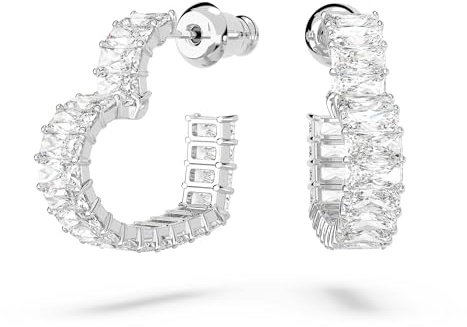 Swarovski Pendientes de aro Matrix, Talla baguette, Corazón, Pequeños, Blancos, Baño de rodio
