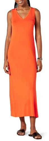 Amazon Essentials Vestido Largo de Punto con Cuello en V y Abertura Lateral Mujer, Rojo Tomate, XS