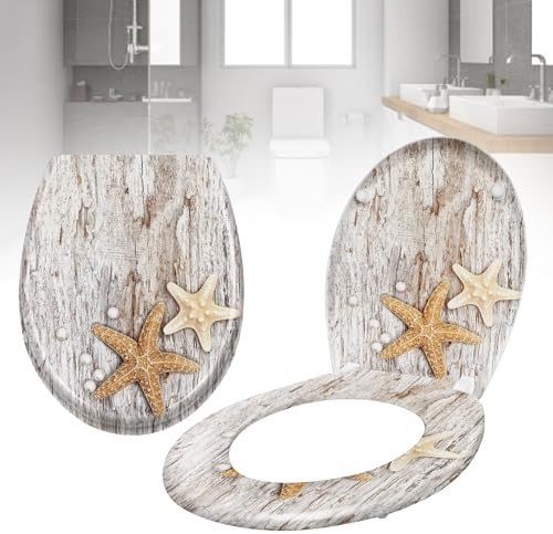 LZQ Abattant de WC avec mécanisme d'abaissement automatique - Abattant de toilette universel en plastique dur antibactérien - Klodeckel en duroplast, perle et étoile de mer