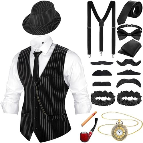 Hestya 20er Jahre Herren Accessoires mit Weste Fedora Hut Taschenuhr Fliege Krawatte Hosenträger und Requisit (Schwarz Weiß Gestreift, L)