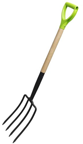 Handliche Spatengabel Grabegabel mit Trittkante Holzstiel und D-Griff Garten Forke Grabe Spaten Gabel 4 Zinken Metall Holz Stiel 115 cm