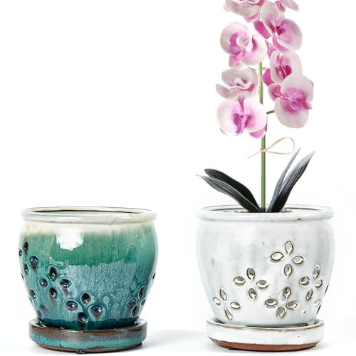 NiSevenLiving Orchideentöpfe mit Löchern befestigten Untersetzern, 11,7 cm, 2 Stück, kleine Keramik-Orchideentöpfe zum Umtopfen, dekorativer Keramik-Orchideen-Pflanztopf mit Loch für gesundes