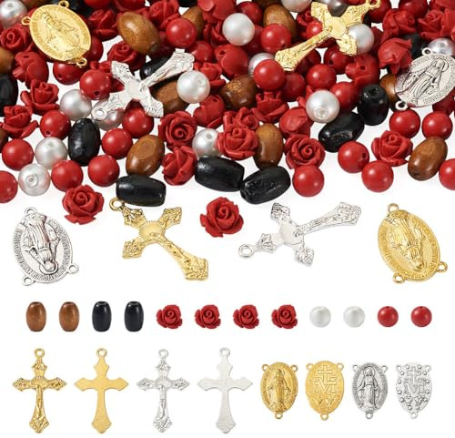 Sparkeads Rosenkranz-Perlen, Schmuckherstellung, Fundset, Kruzifix, Kreuz, tibetische Charms, Ahornholz, Perlen, Rose, Zinnoberperlen für Damen, Armbänder, Halsketten, 180 Stück