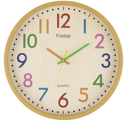 Foxtop 14 Inch Kids Wall Clock Silent Non-Ticking Battery Operated Colorful Childrens Wall Clock for Classroom Playroom Nursery Bedrooms Kids Room School