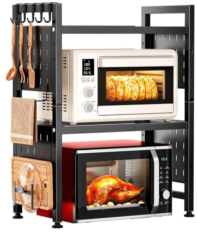 SAYZH Mikrowellen Regal, 3-stufiges Erweiterbares mikrowelle Regal Mikrowellenregal Organizer Küche mit 10 Haken, Flexibel Ausziehbar von 40-70cm, Stufiges Küchenregal mikrowellenständer, Schwarz