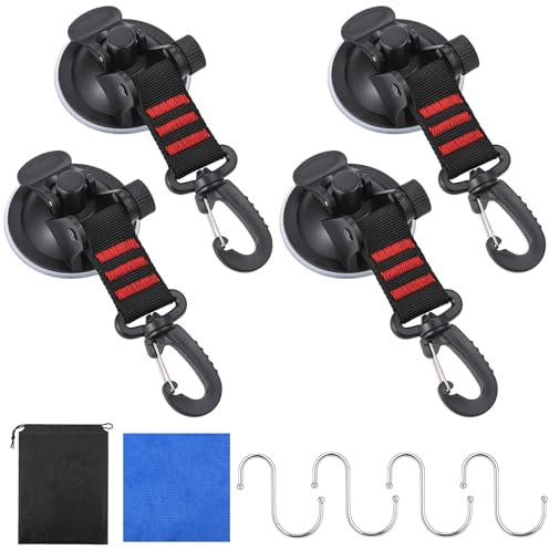 Yimomoyi 4Pcs Heavy Duty Suction Cups, Suction Cup with 360° Rotating D-rings, Suction Cups Heavy Duty Incl Wiper S-hook, Awning Suction Cups, Versatile Suction Cup Hooks for Camping Car Glass Tile