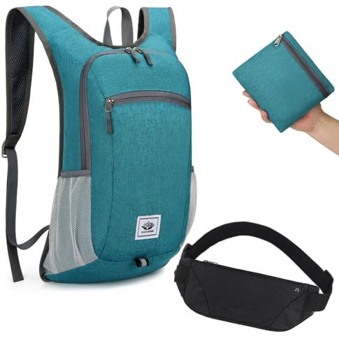 Faltbarer Rucksack + Bauchtasche, 15L Ultraleicht Tagesrucksack Gürteltasche Kleiner Wanderrucksack Damen Herren Daypack Wasserfest Reiserucksack + Hüfttasche Sport für Outdoor Wandern Reisen Fahrrad