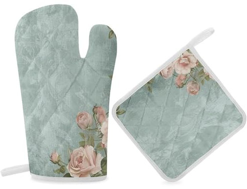 2-teiliges Set Ofenhandschuhe und Topflappen, hitzebeständige Ofenhandschuhe und Topflappen, Grillhandschuhe, Hot Pads, Vintage-Stil, Blumen, Kochhandschuhe für Küche, Backen, Grillen