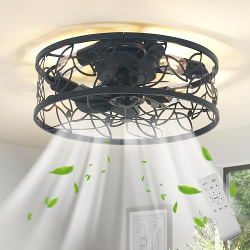 Ganeed Deckenventilator mit Licht und Fernbedienung Schwarz 4 Licht | Käfig Metall Ventilator für Schlafzimmer Decke montiert Modern Kronleuchter Ventilator Lampe E27 Lampe