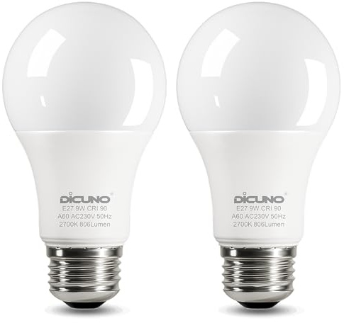 DiCUNO E27 Screw LED Bulb, 9W=60W, Warm White 2700K, 806LM, 2Pcs | Large Screw in Light Bulb, Non-Dimmable, ES High CRI 90 Lightbulbs for Lamp