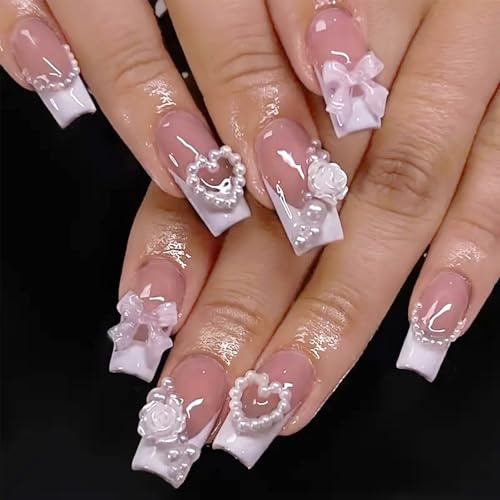 Hebterrka 24 pezzi French Tip Press-on unghie finte medie quadrate, copertura completa lucida, unghie adesive in gel con perline, fiocchi 3D di lusso