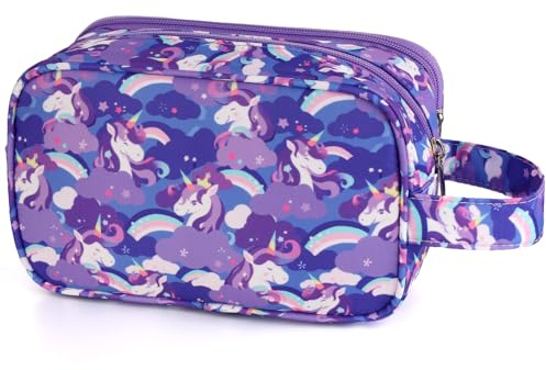 Foxstory Unicorn Kids Toiletry Bag for Girls, Travel Toiletry Bag for Little Young Girls Cosmetic Bag Makeup Bag Waterproof Hanging Wash Bag Toddler Toiletries, Purple
