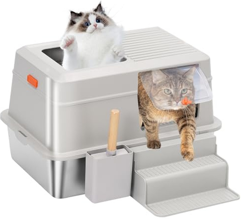 Katzentoilette Edelstahl,Katzenklo mit Deckel Abnehmbar Pedals und Katzenstreuschaufel,Katzentoilette XXL,Katzenklo Geschlossen,Nicht-Klebrig, Auslaufsicher & Einfach zu Reinigen,60x40x38CM
