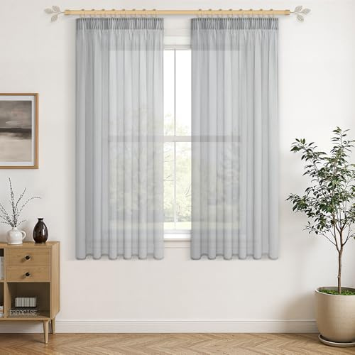CUTEWIND Vorhang Transparent Grau 145X140cm (HxB) Gardinen Kurz mit Kräuselband Gardinen Grau Transparent Boho vorhänge Leinenoptik für Schlafzimmer Küche und Wohnzimmer, 2er Set