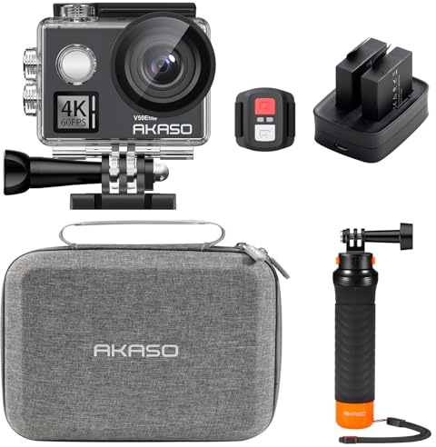 AKASO V50 Elite Caméra Sport Kit de Poignée Flottant, 4K60FPS Action Camera | 4K 60FPS Action Camera Etanche avec Poignée Flottant, EIS Stabilisateur, Vocale, 8X Zoom, Sac de Rangement, Boîtier 40M