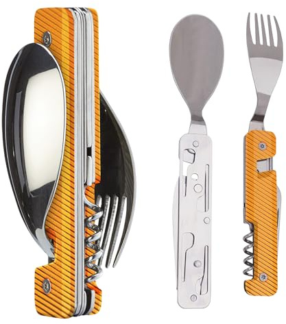 Akinod 6-in-1 Camping Cutlery Set, Multifunctional Stainless Steel Knife | Fork, Spoon with Corkscrew, Can & Bottle Opener, Compact Gadget for Camping Essentials