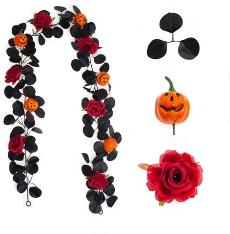 Guirnalda de rosas negras artificiales (1,75 m) – Flores rojas oscuras y bayas doradas – Guirnalda floral gótica y de Halloween para pared, espejo, boda, decoración de mesa (estilo D54)