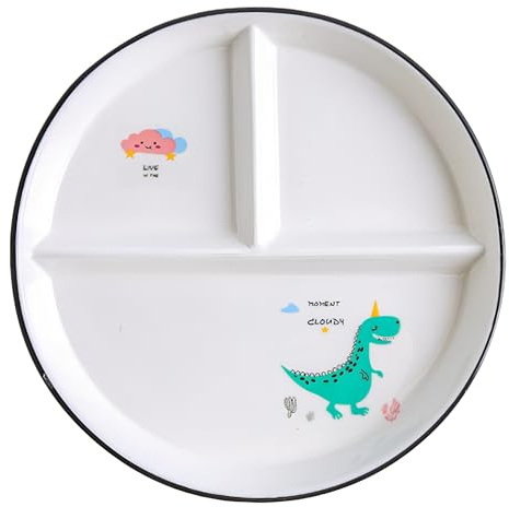 CompadreBol Plato dividido de cerámica, Plato llano con control de porciones y un bonito diseño de dinosaurio verde, Ideal para pasta, carne, ensalada de frutas y pan, Apto para microondas