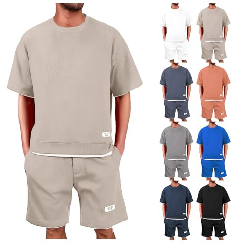 Jogginganzug Herren Waffel T Shirt + Kurze Hose Set Trainingsanzug Herren Sommer Herrenanzüge mit Taschen Bequeme Kurz Freizeitanzug Sportanzug Sommeranzug Atmungsaktive Lässig