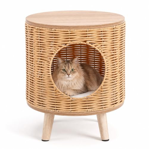 COSTWAY Maison pour Chat en Rotin, Plateau de Table en MDF, 36x36x41 cm | Coussin Amovible, 4 Pieds en Bois d'Hévéa, Patins Antidérapants, Niche Chat Interieur pour Chambre Salon