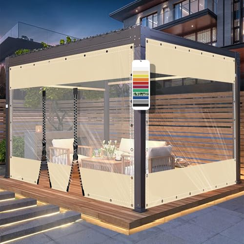 AMXFS Lona PVC 580 g/m² con Ojales Impermeable Beige，2mx4.8m | Cortina para Exteriores Resistente al Clima & Agua, Protección contra la Lluvia para Terraza，Sin Cremallera